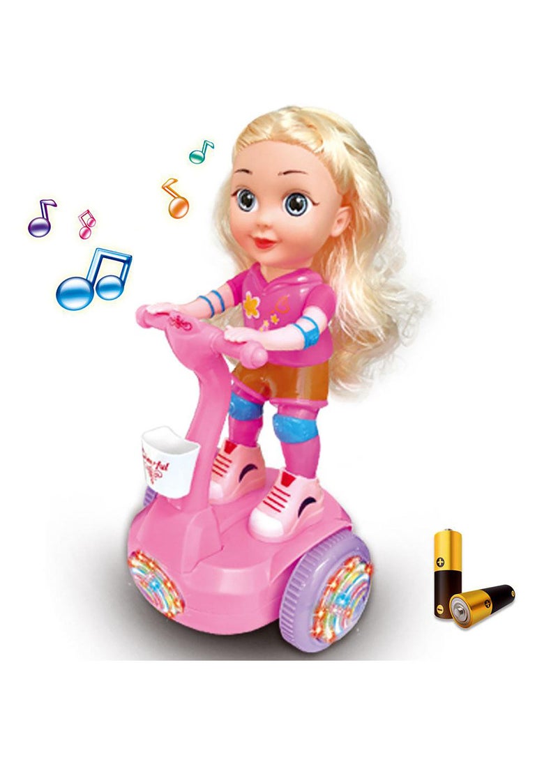 Kidwala magical cute pink doll & yellow hair riding hover balance board, lights & Music with colorful wheels light 360 degree spin doll with battery, oblique walking toy for girls - Image 1