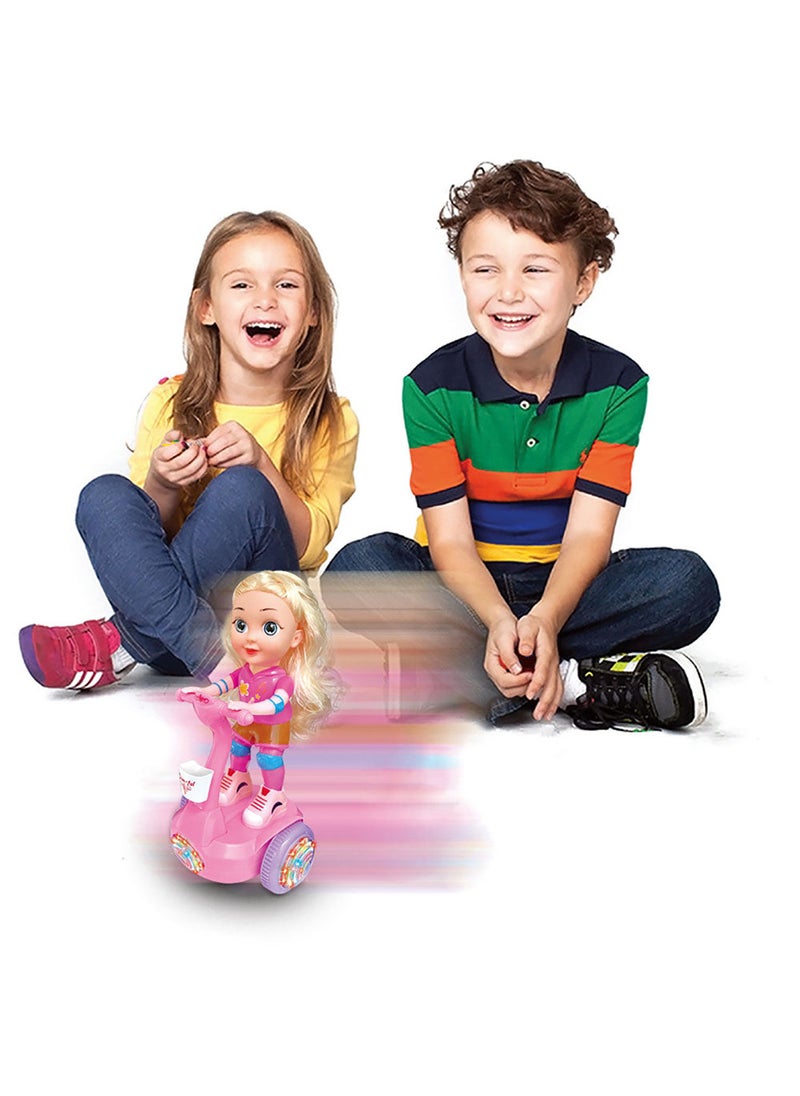 Kidwala magical cute pink doll & yellow hair riding hover balance board, lights & Music with colorful wheels light 360 degree spin doll with battery, oblique walking toy for girls - Image 5