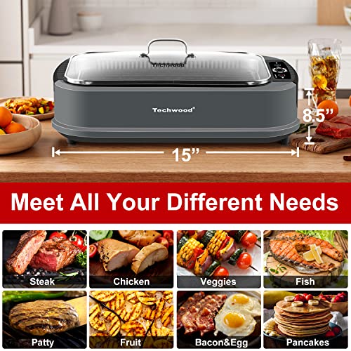 Techwood Indoor Grill Smokeless Grill, 1500W Indoor Korean BBQ Electric Tabletop Grill with Tempered Glass Lid, Removable Grill and Griddle Plates with Drip Tray, Gray - Image 4