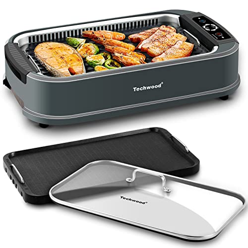 Techwood Indoor Grill Smokeless Grill, 1500W Indoor Korean BBQ Electric Tabletop Grill with Tempered Glass Lid, Removable Grill and Griddle Plates with Drip Tray, Gray - Image 1