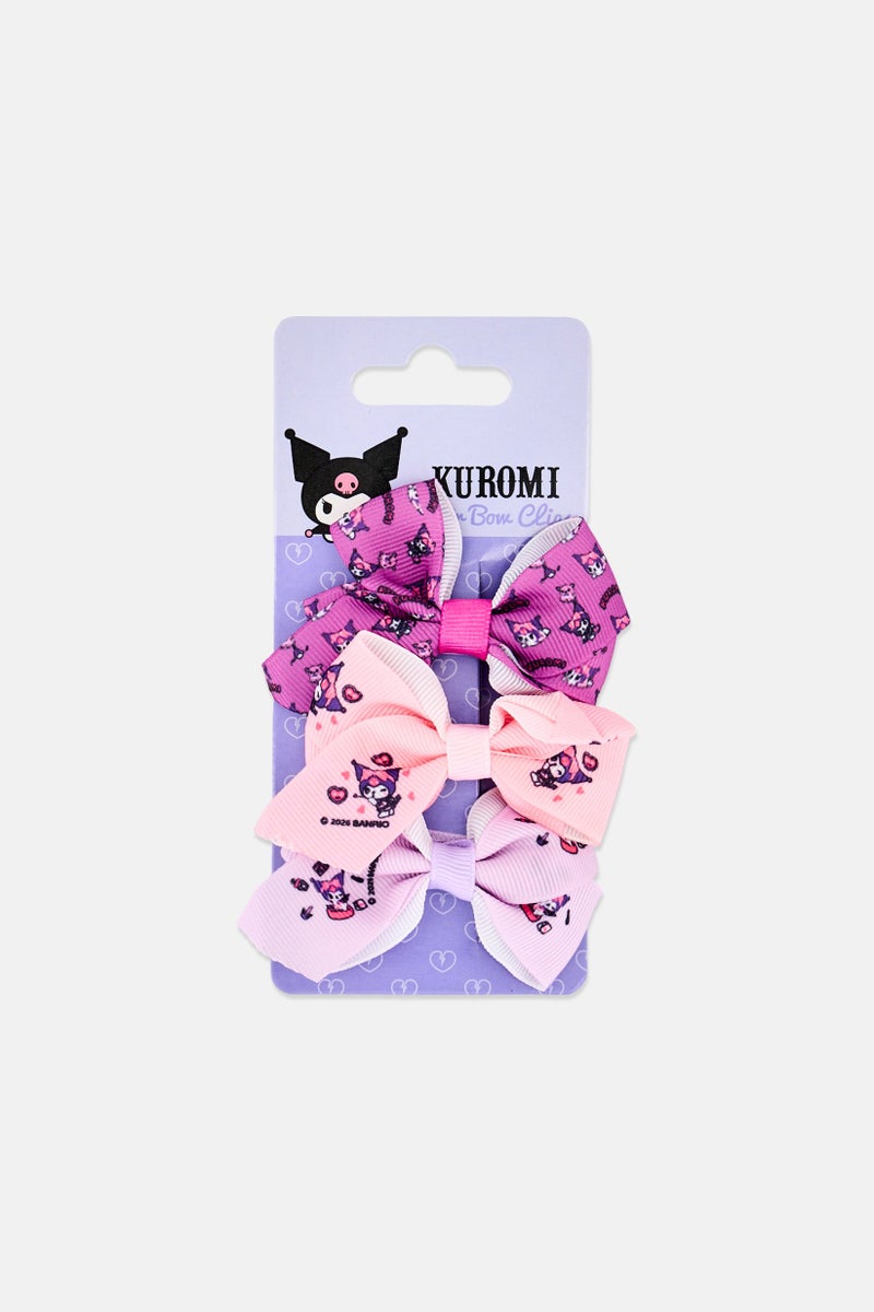 Sanrio Kids Girl 3 Pcs Kuromi Hair Bow Clip, Multicolor - Image 1