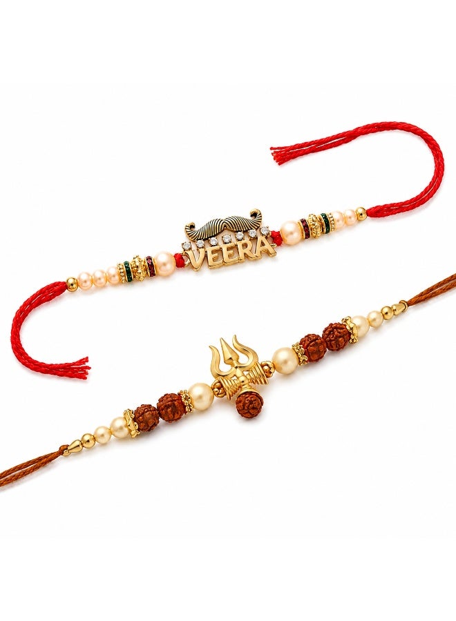 Pack of 2 Designer Rakhis for Brother | VEERA Moustache & Trishul Rudraksha Rakhi Set | Traditional Raksha Bandhan Gift - Image 1
