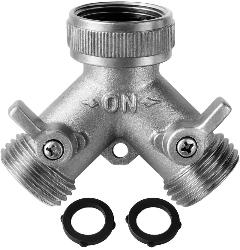 Morvat Heavy Duty Nickel Plated Brass 2 way Y Splitter Garden Hose Hexagonal Connector with Comfortable Grip Shut Off Valves, Adapter for Water Tap, Outlet, & Spigot, Includes 2 Extra Rubber Washers - Image 1