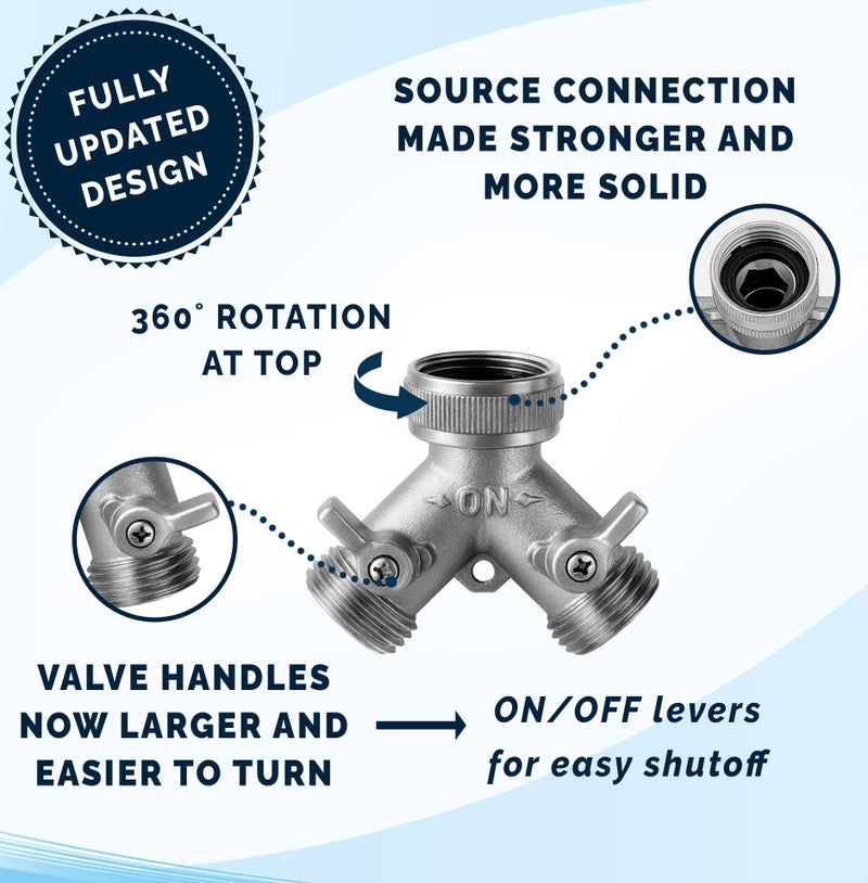 Morvat Heavy Duty Nickel Plated Brass 2 way Y Splitter Garden Hose Hexagonal Connector with Comfortable Grip Shut Off Valves, Adapter for Water Tap, Outlet, & Spigot, Includes 2 Extra Rubber Washers - Image 3