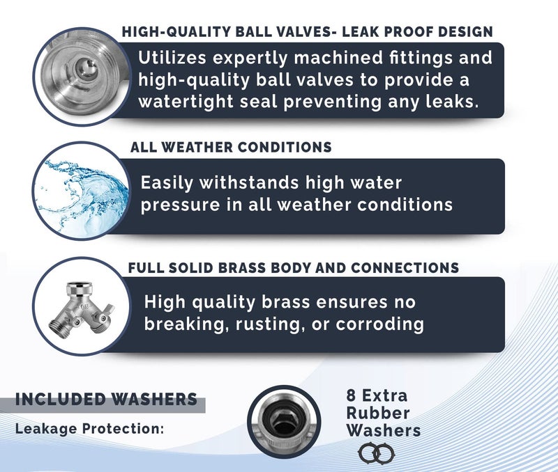 Morvat Heavy Duty Nickel Plated Brass 2 way Y Splitter Garden Hose Hexagonal Connector with Comfortable Grip Shut Off Valves, Adapter for Water Tap, Outlet, & Spigot, Includes 2 Extra Rubber Washers - Image 2