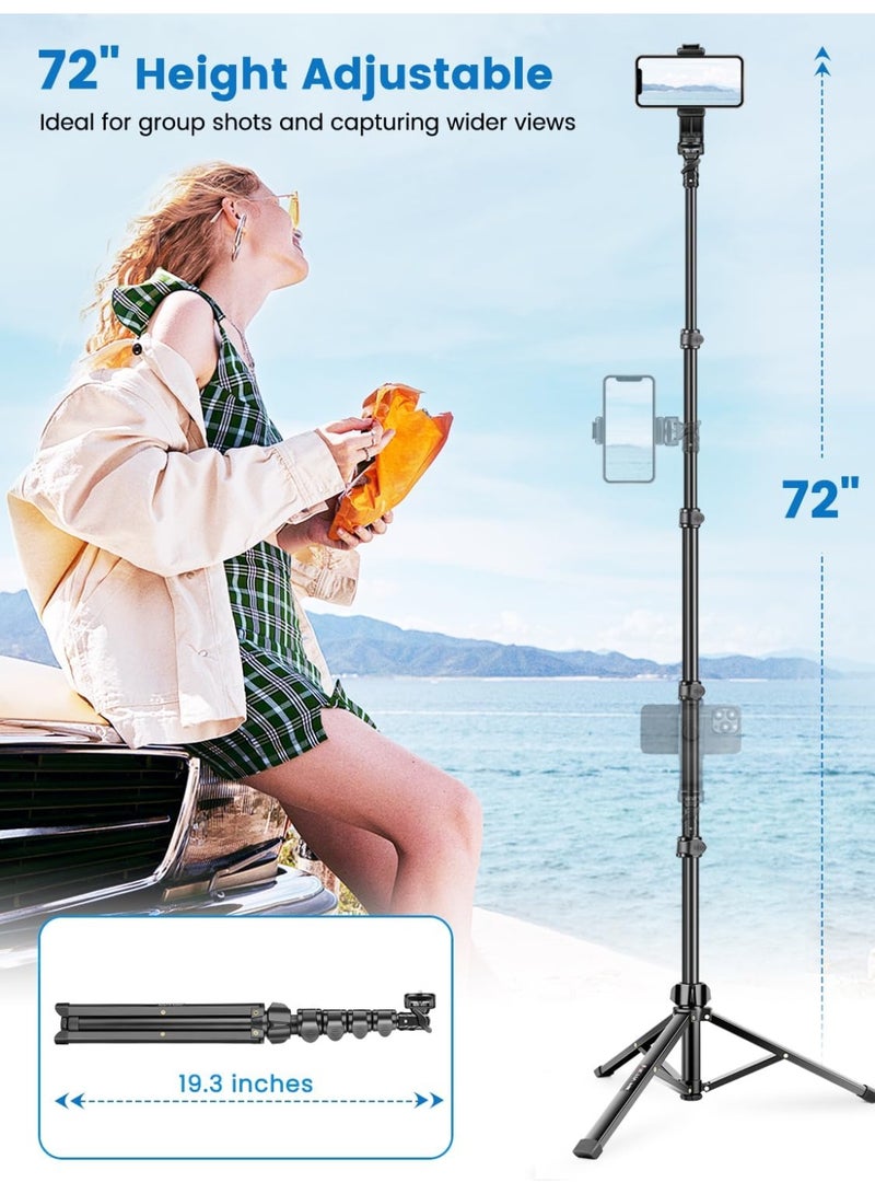 Phone Tripod – 72" Adjustable Camera Stand with Remote & Phone Holder, Tall and Stable for Smartphones & Digital Cameras - Image 2
