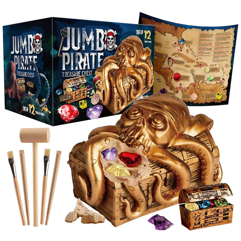 XX Jumbo Pirate Dig Kit - Dig up 12 Pirate Treasures, Gemstones, Gold Coins - Pirate Toys for Kids - Great Birthday Party Supplies, Gifts Idea for Boys & Girls - Includes Treasure Chest - Image 1