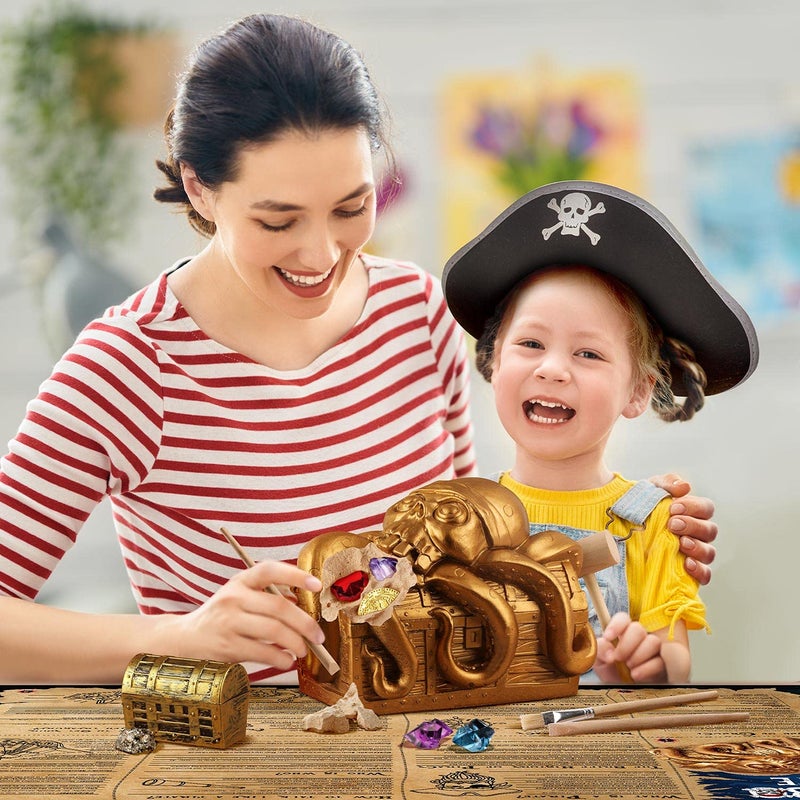 XX Jumbo Pirate Dig Kit - Dig up 12 Pirate Treasures, Gemstones, Gold Coins - Pirate Toys for Kids - Great Birthday Party Supplies, Gifts Idea for Boys & Girls - Includes Treasure Chest - Image 2