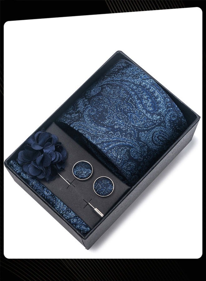 Classic Pattern Ties for Men Set with Pocket Square Cufflink and Corsage, Necktie in Gift Box for Wedding and Business Formal Occasions - Image 1
