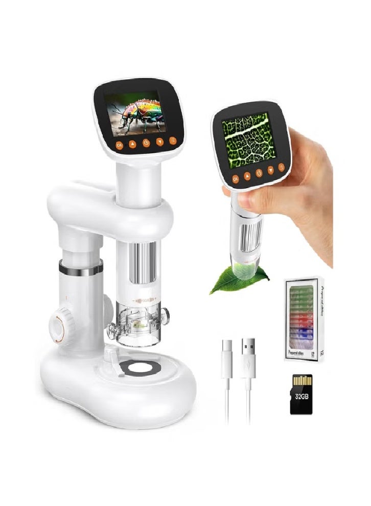 Upgraded children's microscope, includes 32GB SD card and handheld digital microscope with 2-inch IPS screen, can take photos and videos and download them to PC or Mac 1000X pocket microscope (white) - Image 1