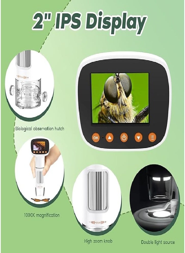 Upgraded children's microscope, includes 32GB SD card and handheld digital microscope with 2-inch IPS screen, can take photos and videos and download them to PC or Mac 1000X pocket microscope (white) - Image 3