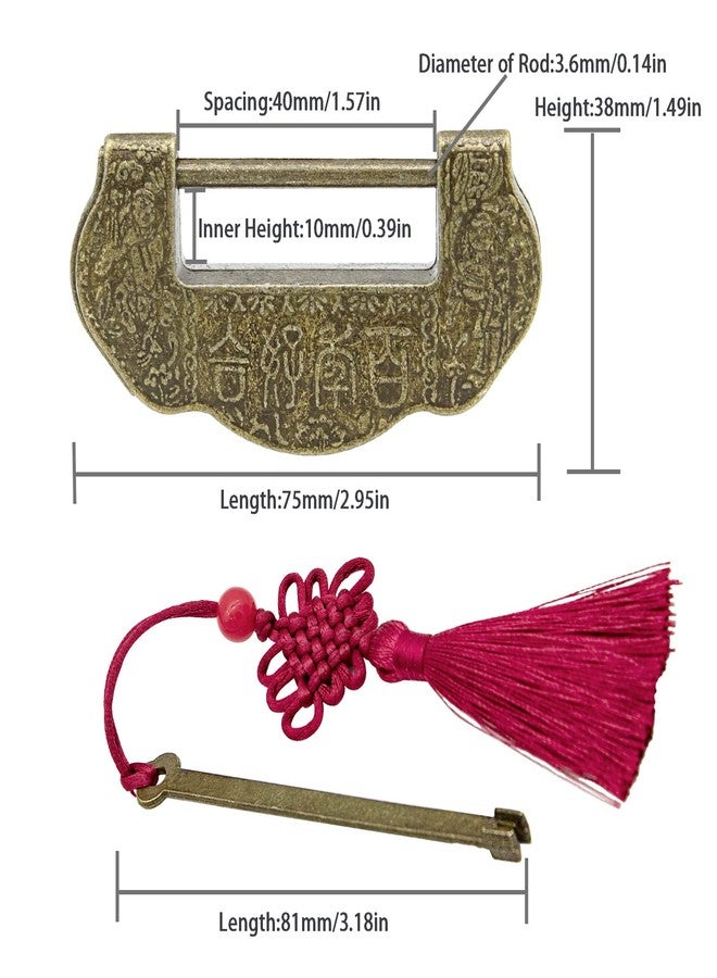 GTHER Antique Padlock with Key, Vintage Decorative Love Lock with Tassel Zinc Alloy Retro Style Padlock for Antique Chinese Chest Cabinet Jewelry Gift Box - Image 2