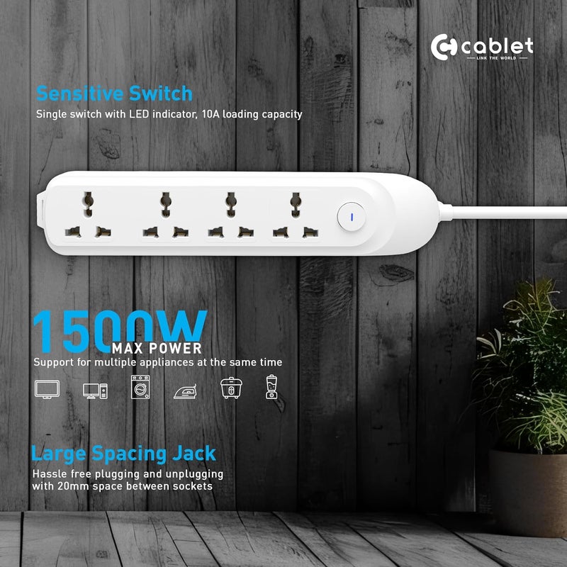 Cablet Extension Board 1500W 6A | 4 Universal Multi Plug Sockets with Surge Protector, Overload Protection, 1.8M Heavy Duty Cord, LED Indicator Master Switch, Spike Guard Power Strip for Home & Office - Image 2