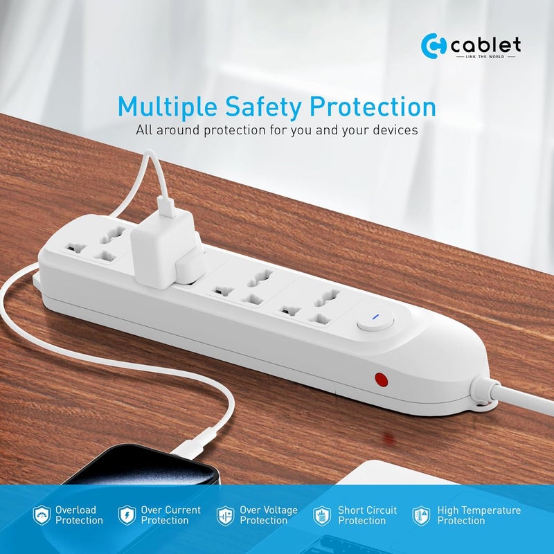 Cablet Extension Board 1500W 6A | 4 Universal Multi Plug Sockets with Surge Protector, Overload Protection, 1.8M Heavy Duty Cord, LED Indicator Master Switch, Spike Guard Power Strip for Home & Office - Image 3