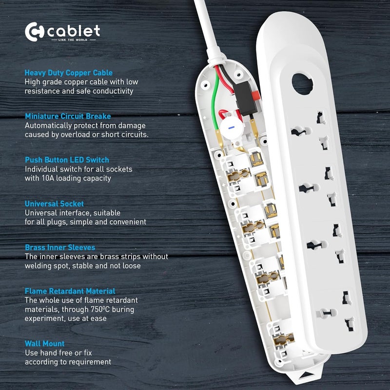 Cablet Extension Board 1500W 6A | 4 Universal Multi Plug Sockets with Surge Protector, Overload Protection, 1.8M Heavy Duty Cord, LED Indicator Master Switch, Spike Guard Power Strip for Home & Office - Image 4