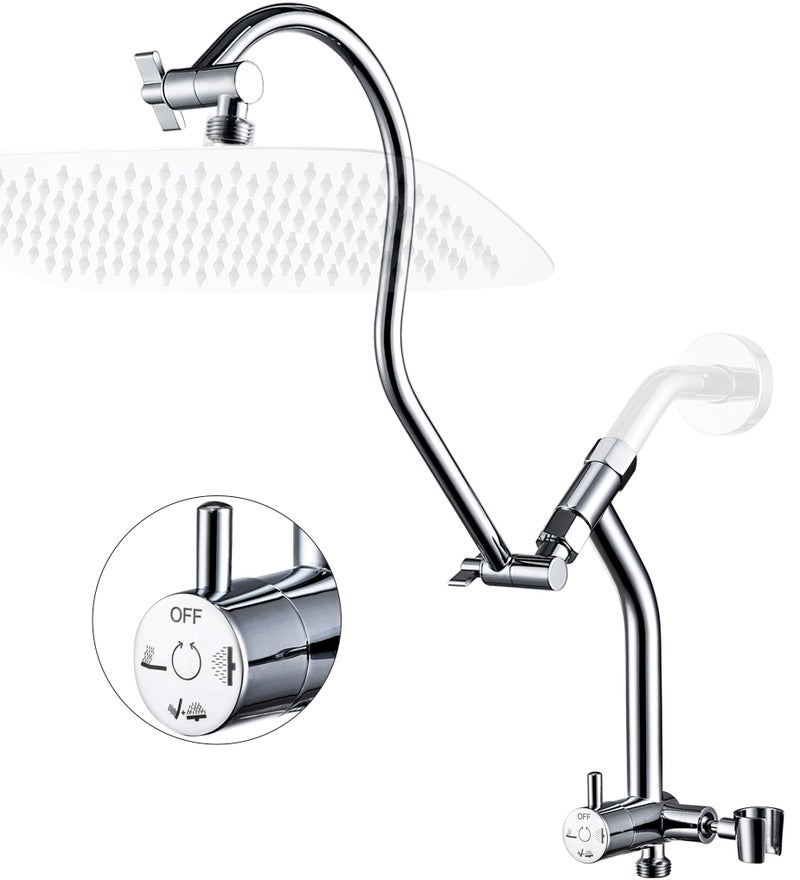 G-Promise GPromise All Metal Shower Diverter with Low Handheld Holder and 13 Inch Curved Adjustable Shower Head Extension Arm 3Way Diverter Valve with Pause Mode Chrome