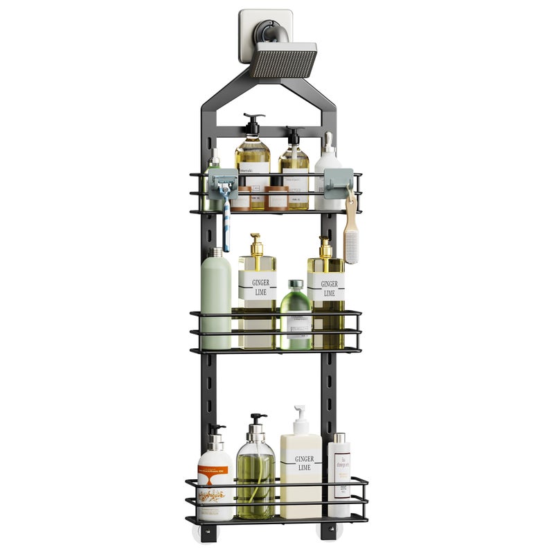 Orimade Adjustable Antislip Shower Caddy over Head Rustproof Bathroom Hanging Organizer with 2 Hooks for Razor No Drilling Shower Shelves Storage Rack 3 Tier Black