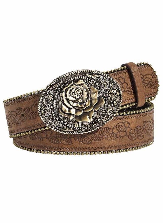 Yalice Women Brown Belt Western Cowgirls Leather Belt with Vintage Buckle Cowboy Country Waist Belts for Jeans Dresses (Brown-Flower Buckle, Fit Waist Size: 27''-33'') - Image 1