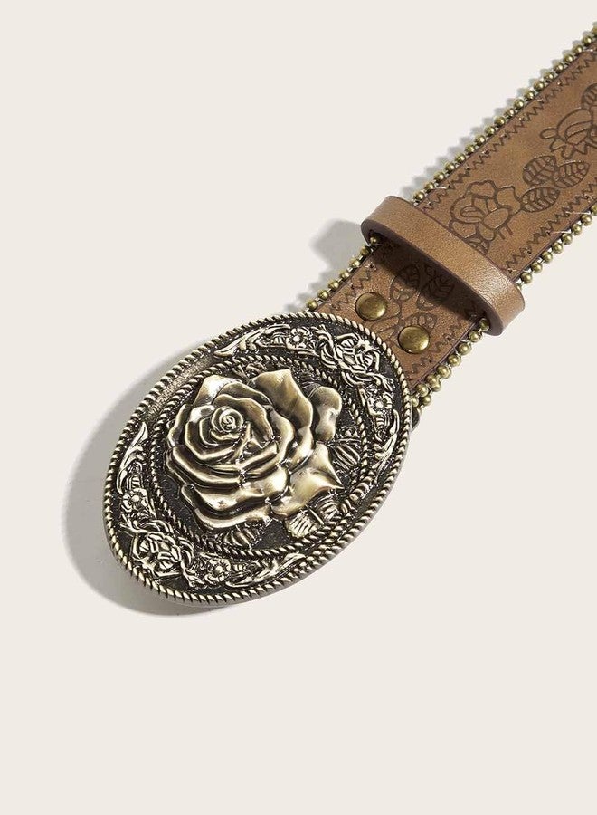 Yalice Women Brown Belt Western Cowgirls Leather Belt with Vintage Buckle Cowboy Country Waist Belts for Jeans Dresses (Brown-Flower Buckle, Fit Waist Size: 27''-33'') - Image 5