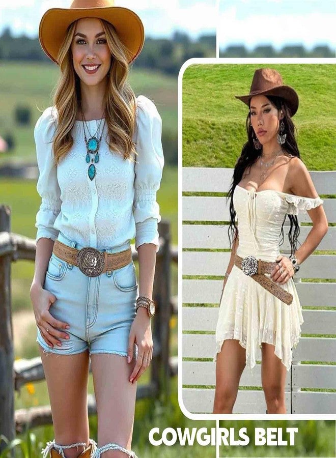Yalice Women Brown Belt Western Cowgirls Leather Belt with Vintage Buckle Cowboy Country Waist Belts for Jeans Dresses (Brown-Flower Buckle, Fit Waist Size: 27''-33'') - Image 2