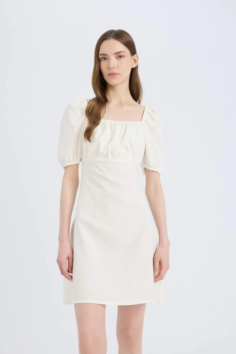 ديفاكتو Square Collar Linen Blended Mini Dress