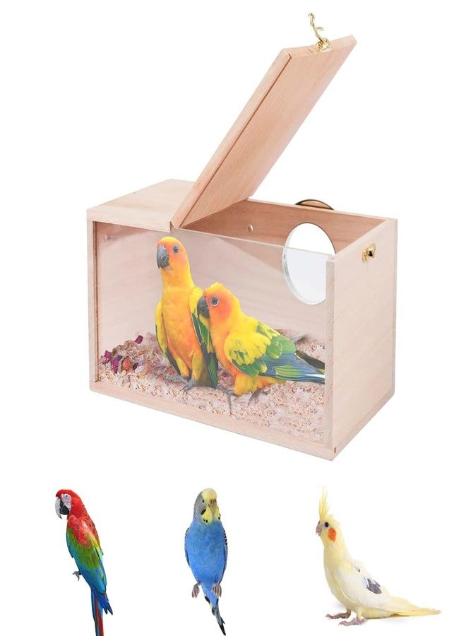 Natural Wood Nesting Box for Parakeet Birds Transparent Design Breeding Box with Perch Wood Bird Cage House for Cockatiel Lovebirds Budgie Finch Parrotlets Canary (Small)