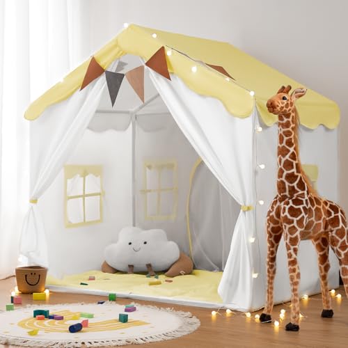 Besrey Kids Play Tent 2 in 1 with Padded Mat and Lights Large Kids Playhouse with 2 Doors 4 Windows Indoor Outdoor Christmas Toddler Tent 51 x35 x 51 Yellow - Image 1