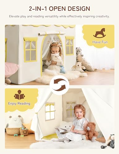 Besrey Kids Play Tent 2 in 1 with Padded Mat and Lights Large Kids Playhouse with 2 Doors 4 Windows Indoor Outdoor Christmas Toddler Tent 51 x35 x 51 Yellow - Image 5