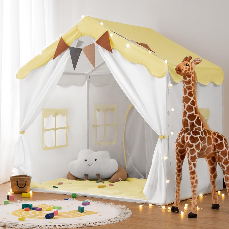 Besrey Kids Play Tent 2 in 1 with Padded Mat and Lights Large Kids Playhouse with 2 Doors 4 Windows Indoor Outdoor Christmas Toddler Tent 51 x35 x 51 Yellow - Image 3