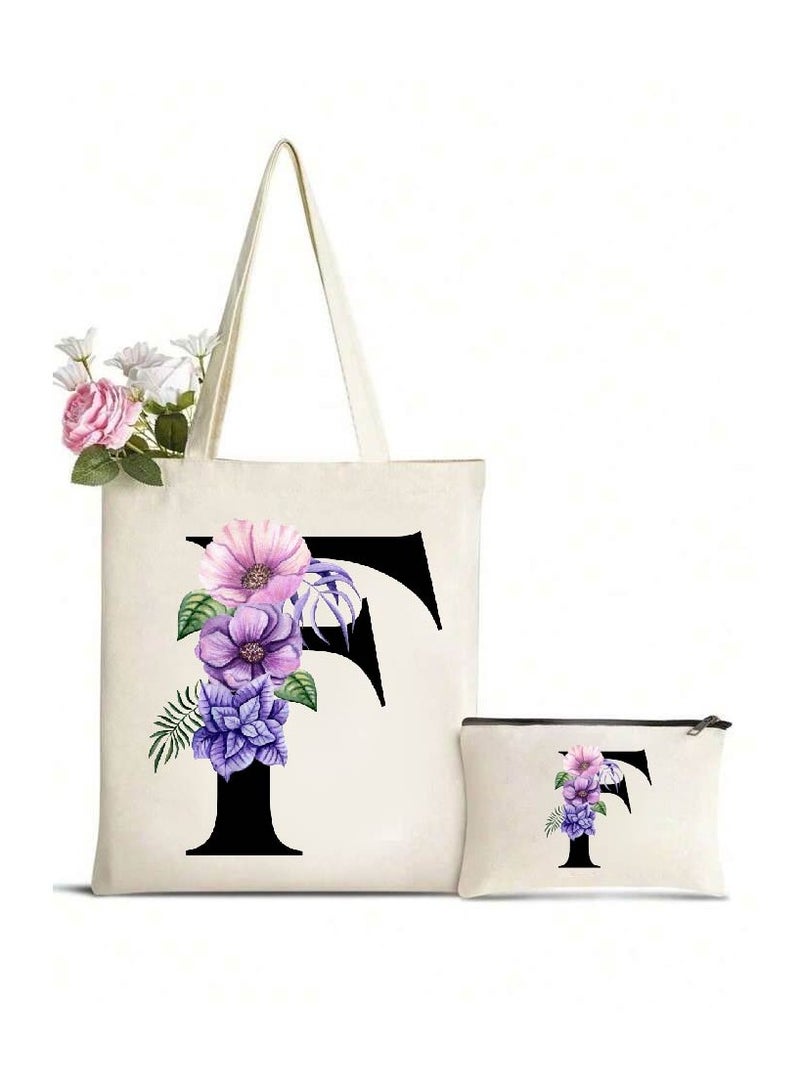 PRINTSHOP4ME Initial Monogrammed Canvas Tote Bag and Matching Makeup Bag Set - Thoughtful Gifts for Women, Teachers, College Students, Bridesmaids, Reusable Grocery Bags, Wedding, Holiday Shopping and Travel - Image 1