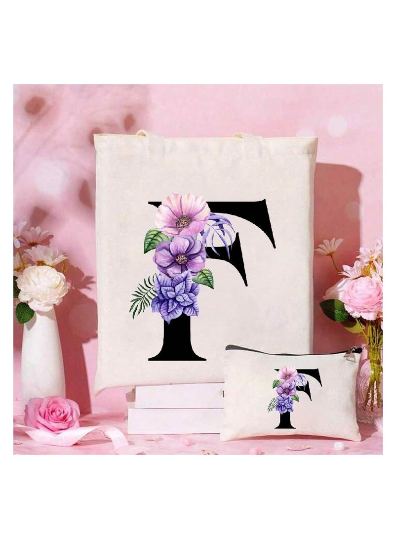 PRINTSHOP4ME Initial Monogrammed Canvas Tote Bag and Matching Makeup Bag Set - Thoughtful Gifts for Women, Teachers, College Students, Bridesmaids, Reusable Grocery Bags, Wedding, Holiday Shopping and Travel - Image 2