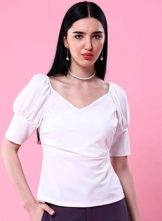 Freehand  Women Regular Fit Solid Sweetheart Neck Short Sleeve Fitted Wrap Top  | Best Price UAE