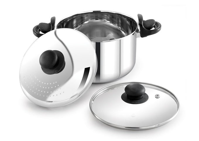 STAINLESS STEEL STRAINER POT 7L WITH GLASS LID INDUCTION BASE COOKING POT FOR PASTA NOODLES VEGETABLES RICE ANTILOCKING 2 YEAR WARRANTY RICE STRAINER COOKER QUALITY COOKWARE