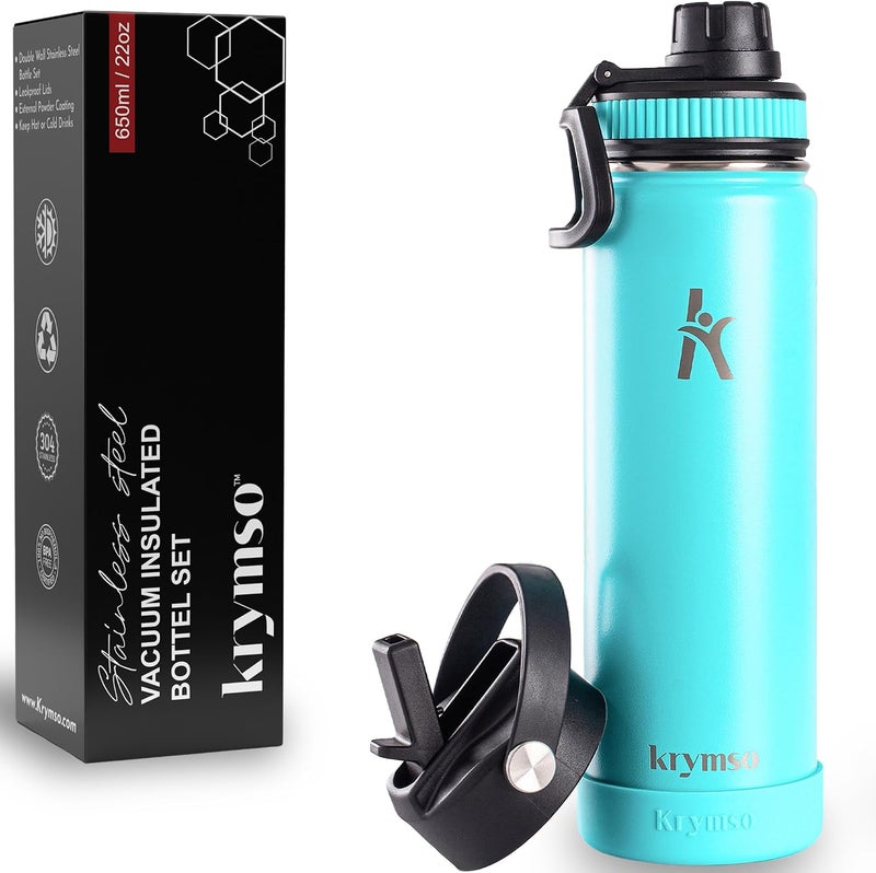 KRYMSO 650ml Stainless Steel Water Bottle, Insulated Thermos Flask for Hot & Cold, Leakproof, BPA-Free, Gym, School(Turquoise) - Image 1
