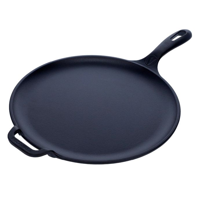 Victoria 12-Inch Cast Iron Comal Pizza Pan with a Long Handle and a Loop Handle, Preseasoned with Flaxseed Oil, Made in Colombia - Image 1
