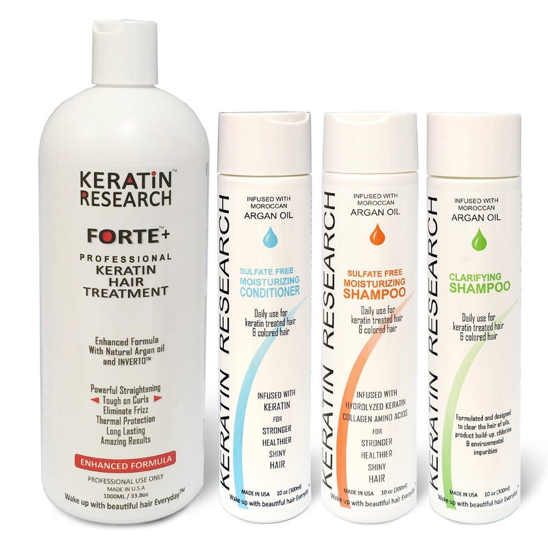 KERATIN RESEARCH Forte Keratin Brazilian Keratin Hair Blowout Treatment with Moroccan Argan Oil, Extra Strength, 4 Bottles, 1000ml, Unscented, Argan Oil Infused & Sulfate Free, Curly, Coily - Image 1