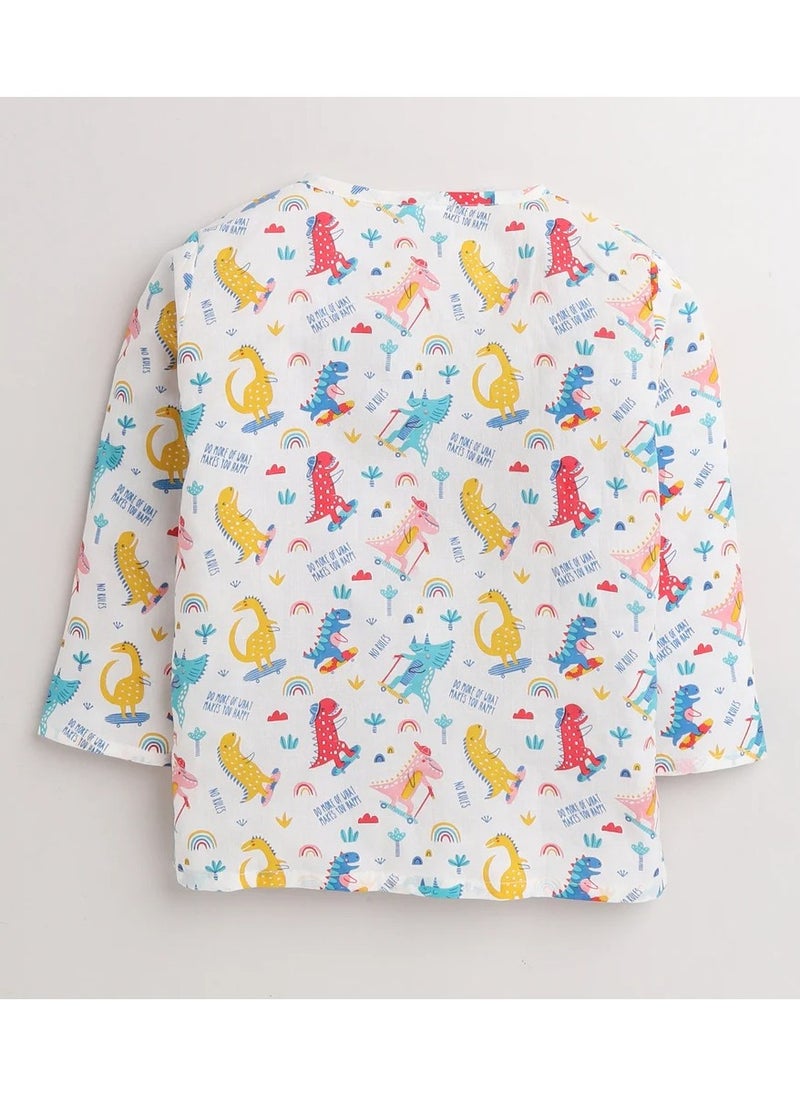 Polka Tots Polka Tots Full Sleeves Night Wear Dinosaur Kurta Pyjama - White  - Image 3