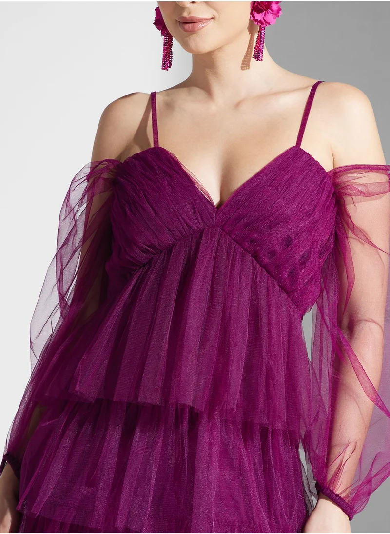 Lace and Beads Strappy V-Neck Ruffle Detail Dress