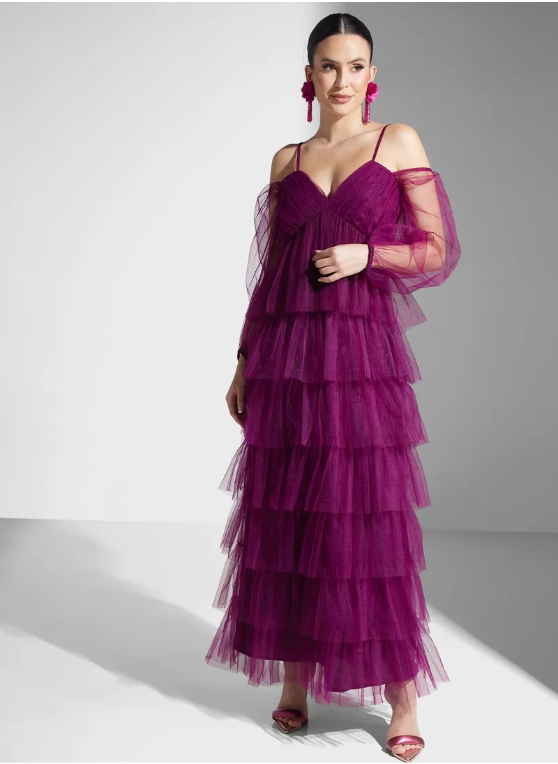 Lace and Beads Strappy V-Neck Ruffle Detail Dress