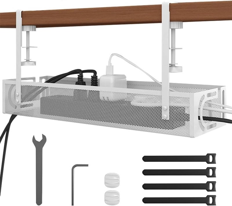 Excefore Under Desk Cable Management Tray, No Drill Steel Wire Organizer, Sturdy Hollow Metal Mesh Cable Holder, Easy Installation Without Damage, Desk Wire Management for Office, Home, Cable Organizer - Image 1