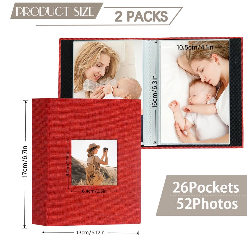 آرت ماج Artmag Mini Photo Album 4x6 50 Pockets 2 Pack Cloving مع ألبوم النافذة الأمامية عقد 100 صور رأسية لعائلة عائلة أطفال الأطفال (أحمر) - Image 2