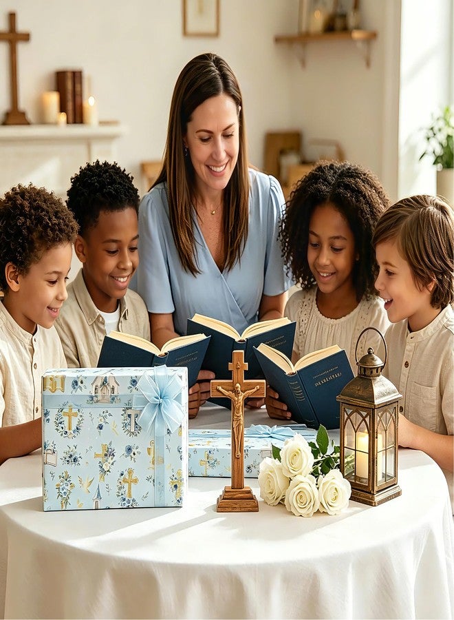 لفة ورق تغليف هدايا دينية بتصميم صليب وكنيسة من ليوبيلون، لون أزرق مزهر، مقاس 17 بوصة × 16.4 قدم، لوازم تغليف هدايا الحفلات المسيحية للمعمودية، والمناولة الأولى، والتثبيت. - Image 4
