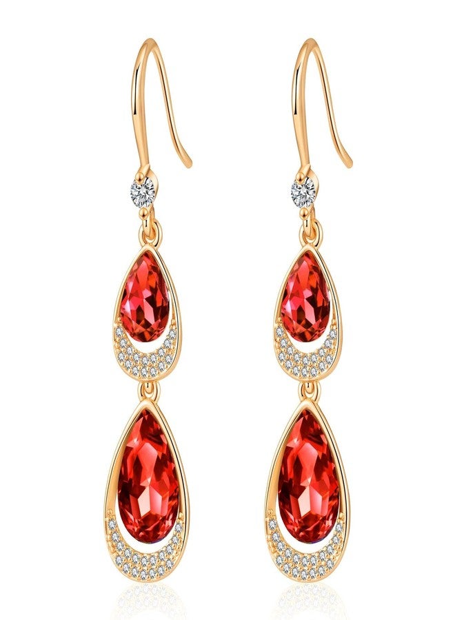 EVEVIC Austrian Crystal Halo Double Teardrop Hollow Drop Dangle Earrings for Women 14K Rose Gold Plated Hypoallergenic Jewelry (Red) - Image 1