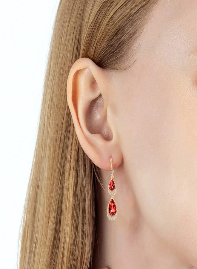 EVEVIC Austrian Crystal Halo Double Teardrop Hollow Drop Dangle Earrings for Women 14K Rose Gold Plated Hypoallergenic Jewelry (Red) - Image 2