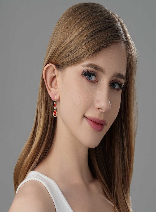 EVEVIC Austrian Crystal Halo Double Teardrop Hollow Drop Dangle Earrings for Women 14K Rose Gold Plated Hypoallergenic Jewelry (Red) - Image 4