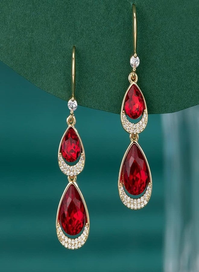 EVEVIC Austrian Crystal Halo Double Teardrop Hollow Drop Dangle Earrings for Women 14K Rose Gold Plated Hypoallergenic Jewelry (Red) - Image 3