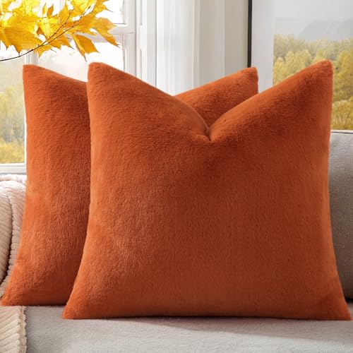 Pallene Faux Fur Plush Throw Pillow Covers 18x18 Set of 2 Soft Fluffy Couch Pillow Covers for Living Room Rust - Image 1