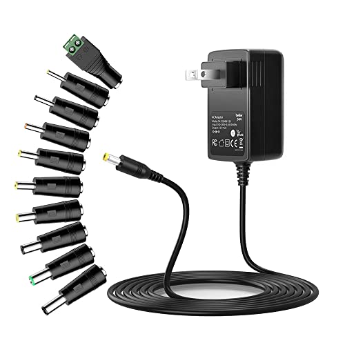 Belker 12V 2A 1.5A 1A AC Adapter Charger Power Adapter Supply 5.5 x 2.1mm Plug with 10 Tips for 12 Volt LED Strip Light CCTV Camera Router Bluetooth Speaker and More - 2000mA Max. - Image 1