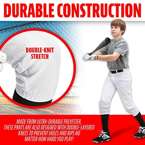 Franklin Sports Youth Baseball + Softball Pants - Knee High White Baseball Pants for Kids - Boys + Girls Knicker Style Bottoms with Belt Loop - White - Youth Large - Image 4
