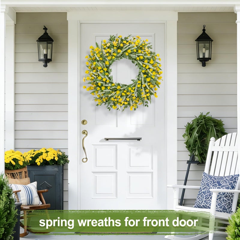 Zmtyykh 26" Floral Wreath, Artificial Spring Wreaths for Front Door, with Wildflower Portulaca Flowers, Indoor Outdoor Porch Window Wall Home Decor for Valentineâ€™s Day Easter, Summer & Wedding Yellow - Image 4
